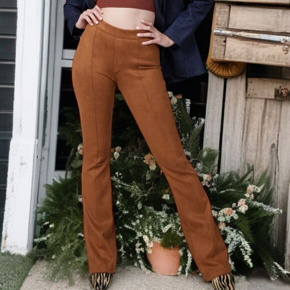 SPANX Faux Suede Pants M Flare Leg Pull On Stretch Camel Color Bohemian Hippie. - Picture 12 of 16